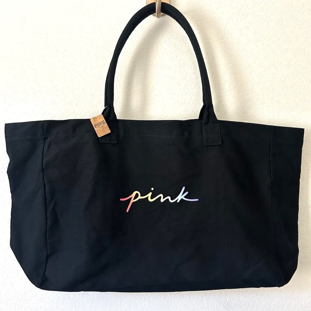 Victoria's Secret PINK Tote Duffel Bag Black Rainbow Script Logo, NWT.